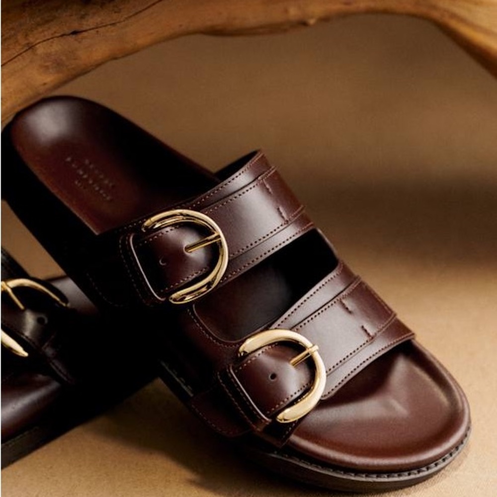 Sezane Brown Leather Sandals with Gold Buckles - Lenny Low Mules